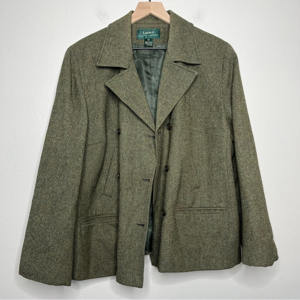 Lauren Ralph Lauren Women Lambswool Peacoat 18W Green Houndstooth Equestrian
